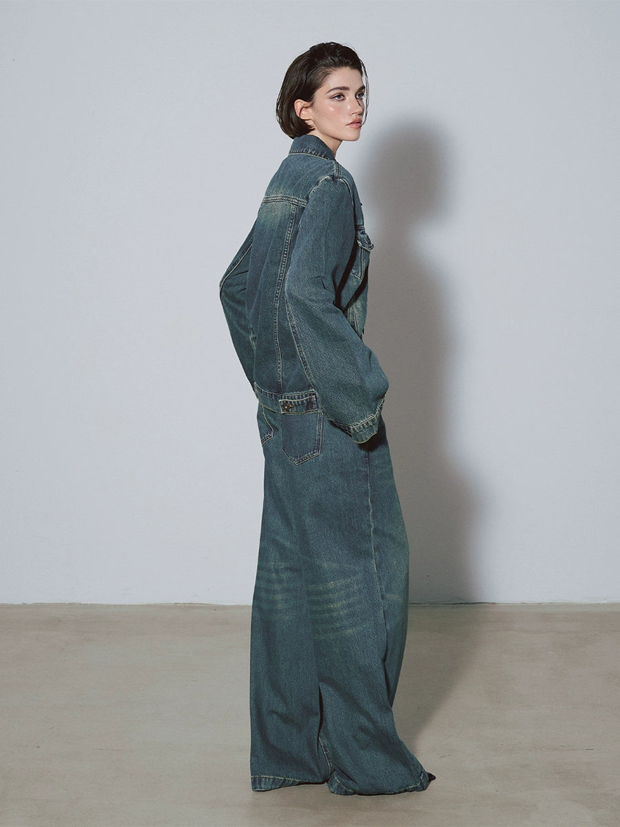 DUSKLIT retro blue, low-rise denim wide-leg pants