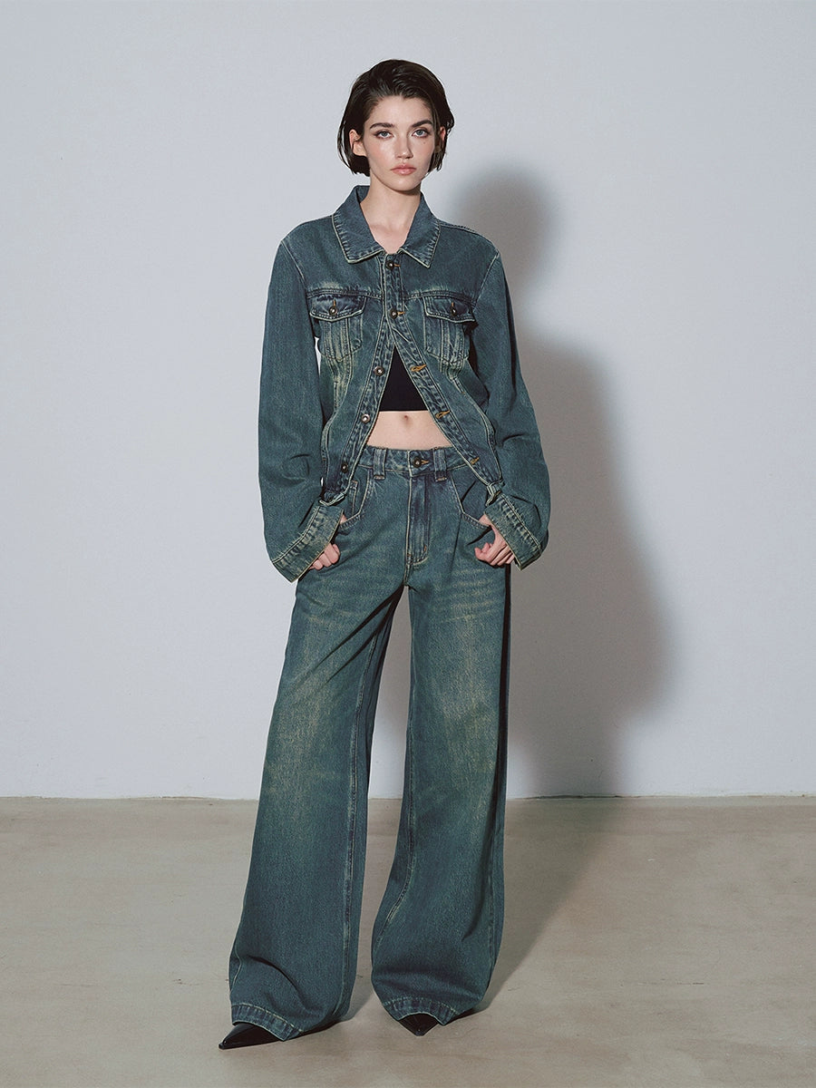 DUSKLIT retro blue, low-rise denim wide-leg pants