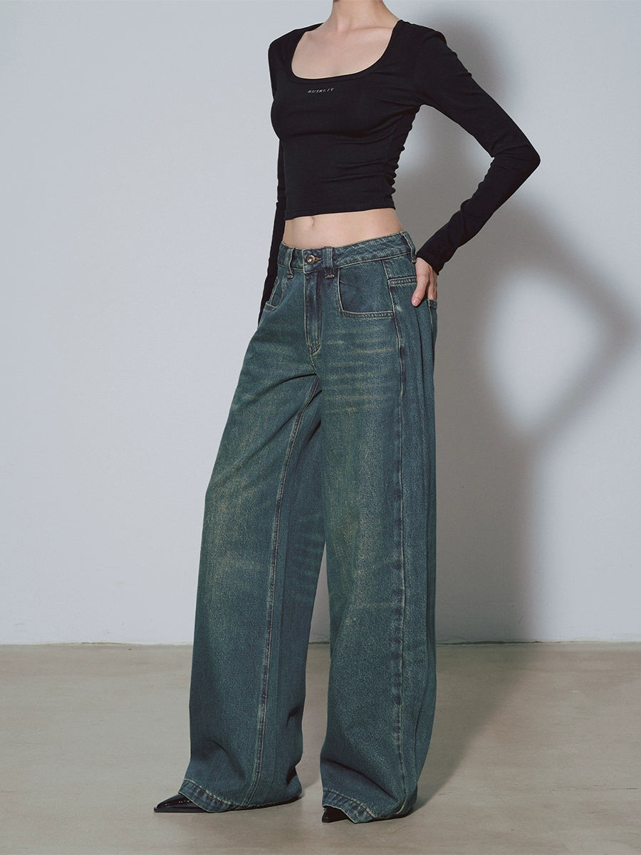 DUSKLIT retro blue, low-rise denim wide-leg pants